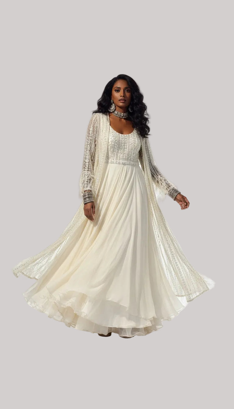 Ivory Embellished Anarkali Gown with Sheer Jacket