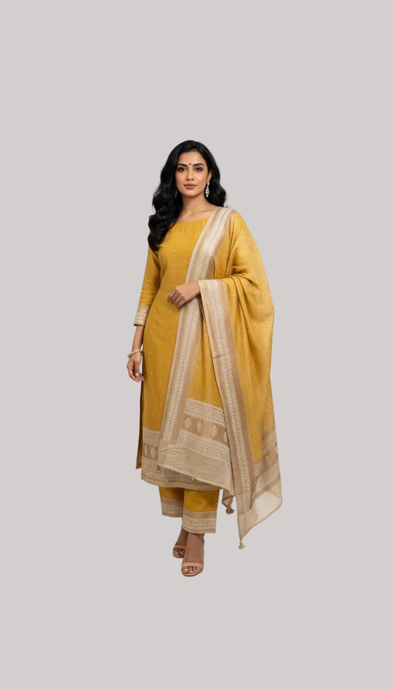 Yellow Kurta Set with Woven Dupatta