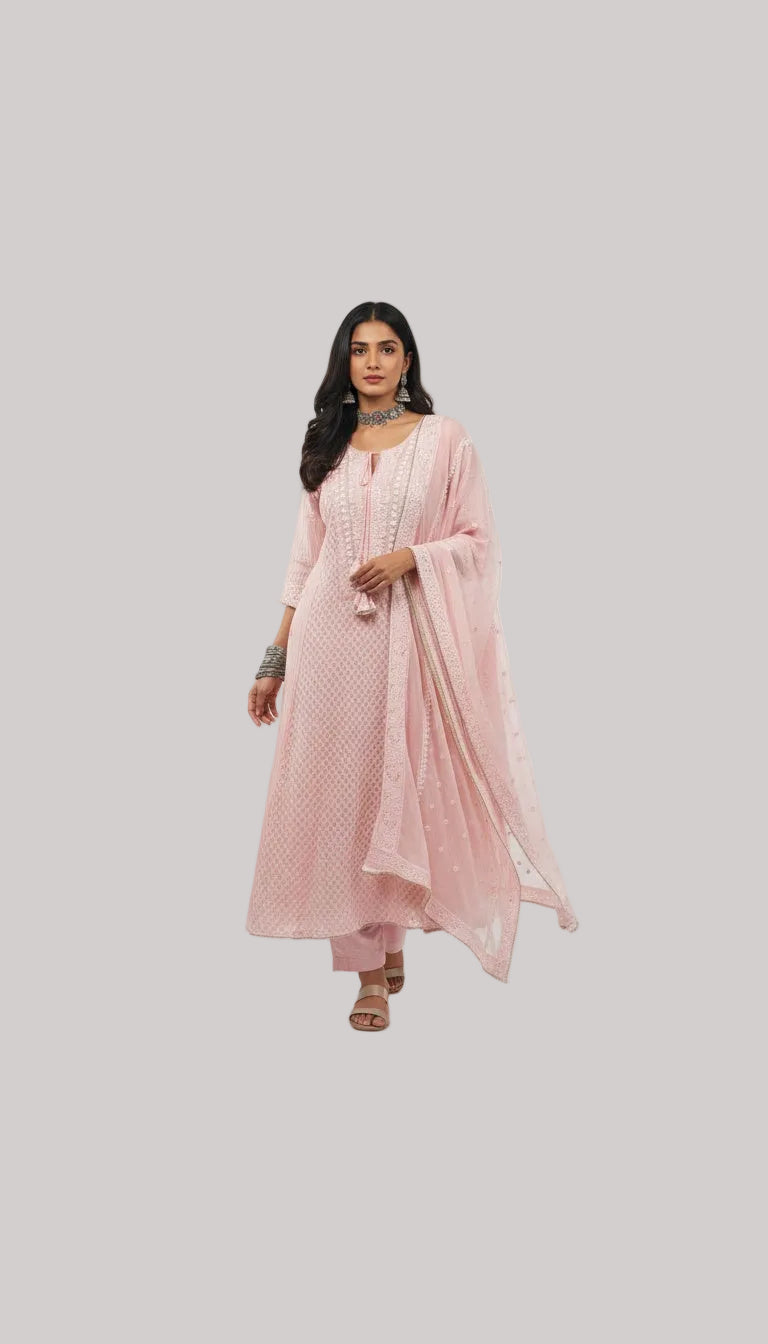 Blush Pink Silk Suit Set with Embroidered Details