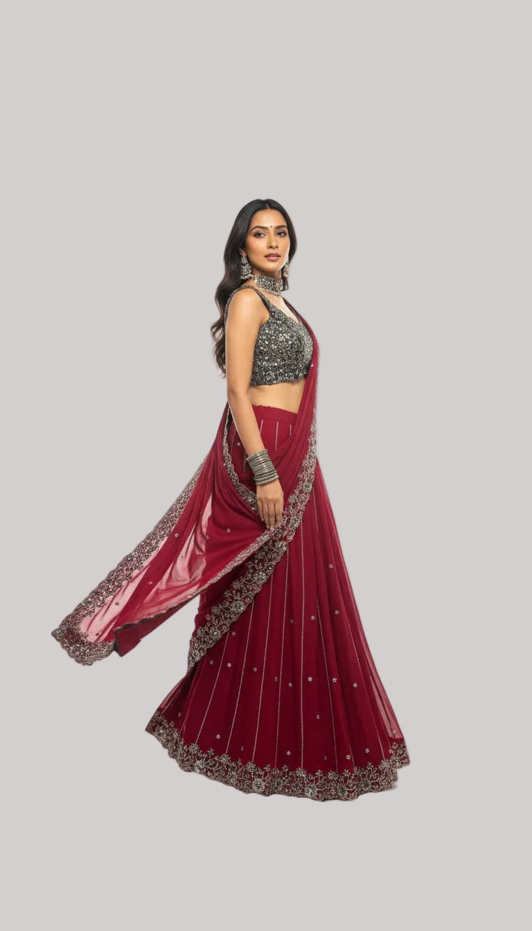 Crimson Red Embellished Saree Set