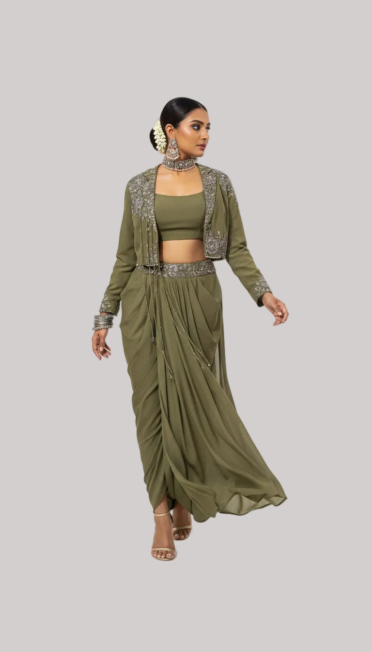 Olive Green Draped Skirt Set with Embellished Jacket