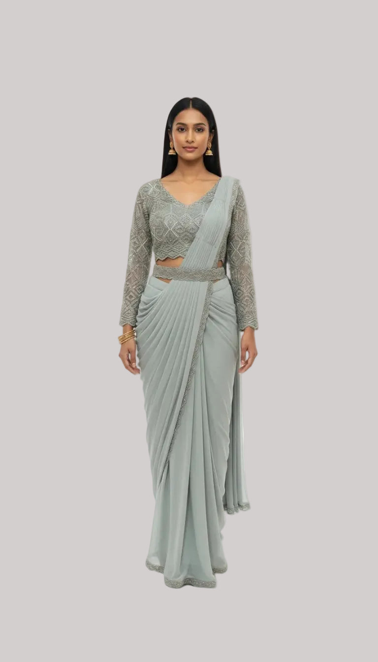 Aqua Blue Draped Saree Set with Embellished Blouse