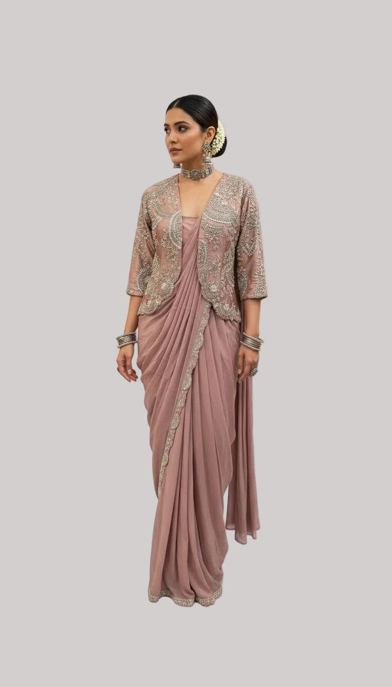 Dusty Rose Draped Saree Set with Embellished Jacket