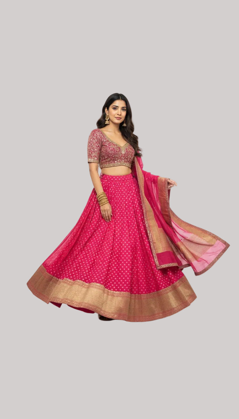 Pink Banarasi Silk Lehenga Set with Gold Zari Work