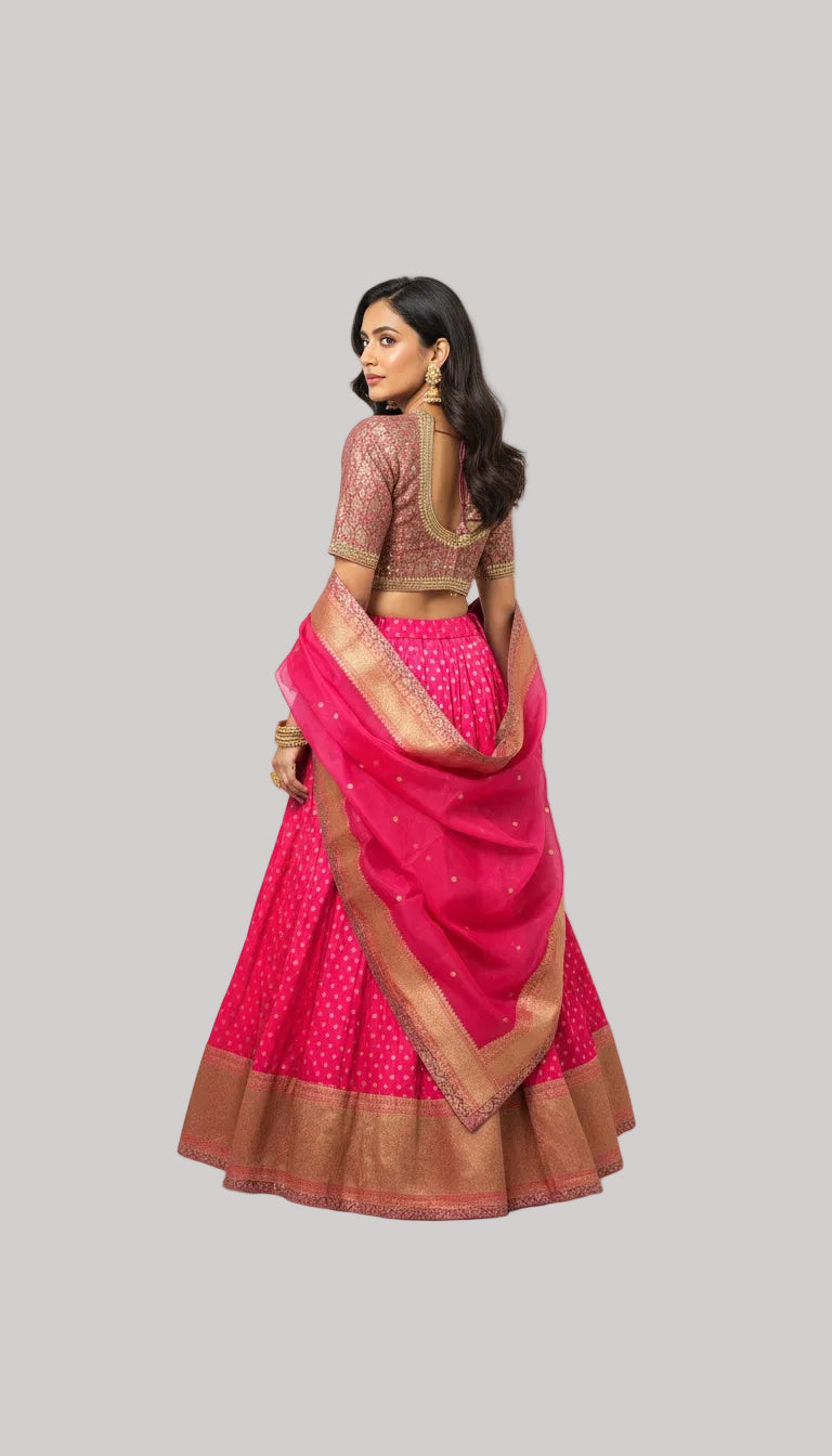 Pink Banarasi Silk Lehenga Set with Gold Zari Work