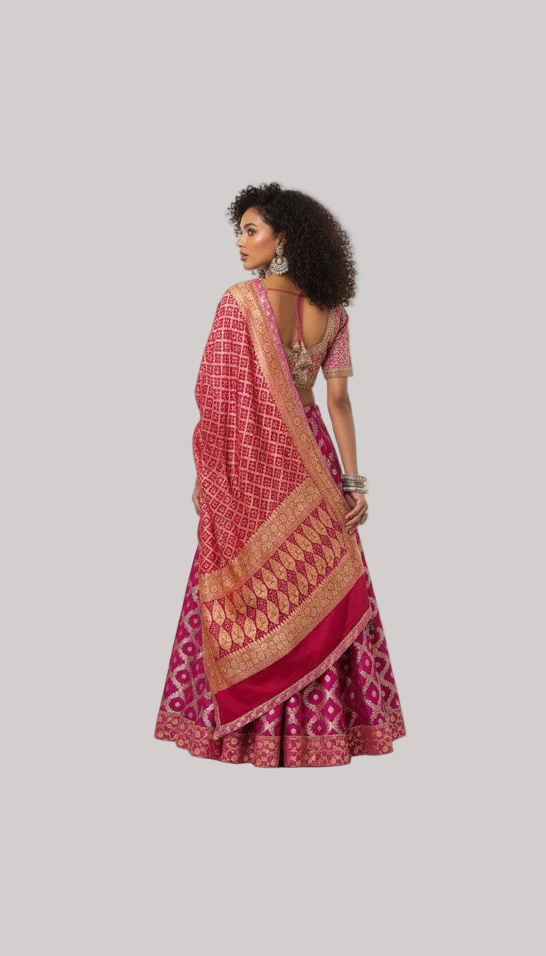 Magenta Banarasi Lehenga Set with Zari Detailing