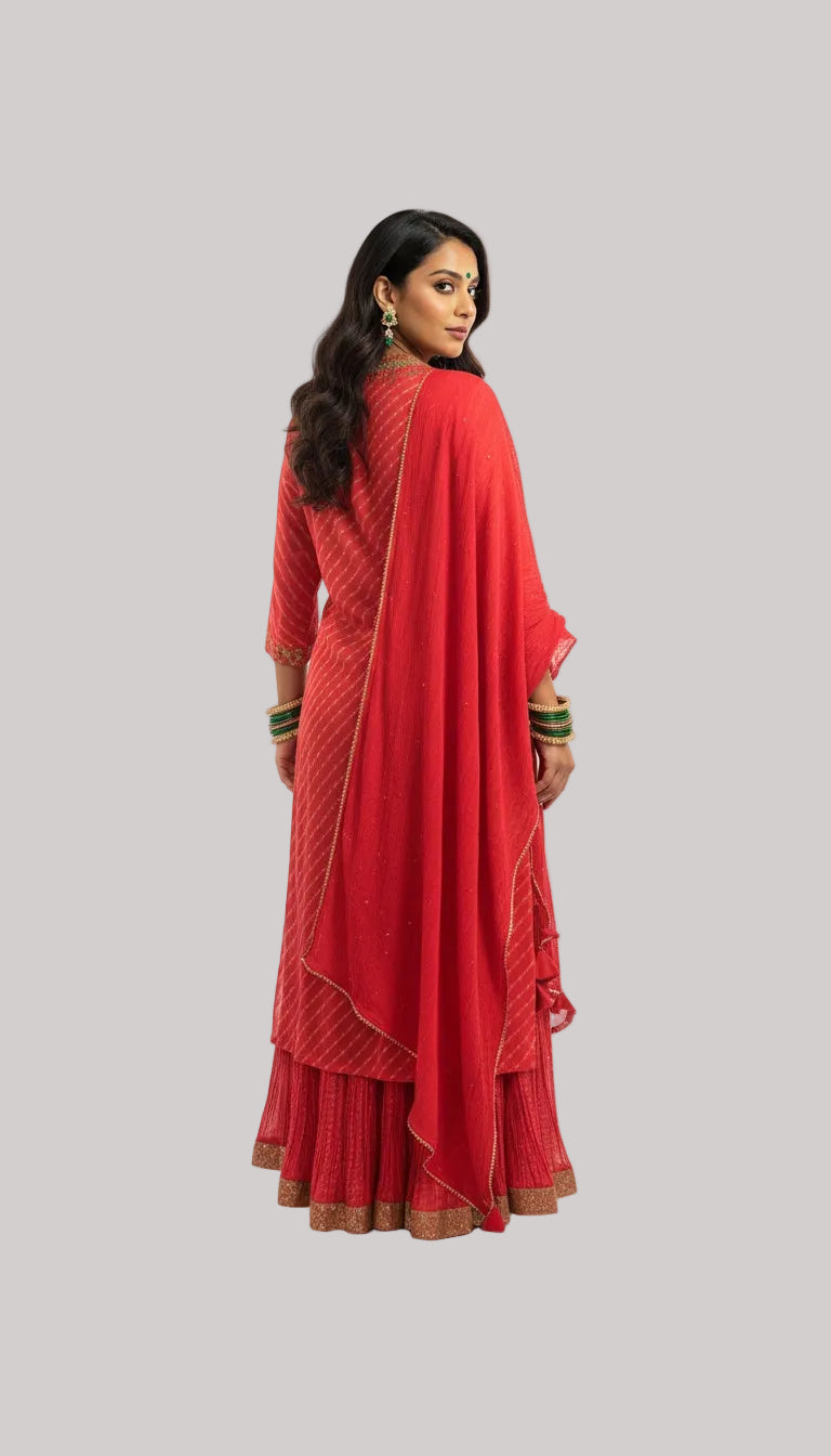 Red Embellished Kurta Skirt Set with Dupatta