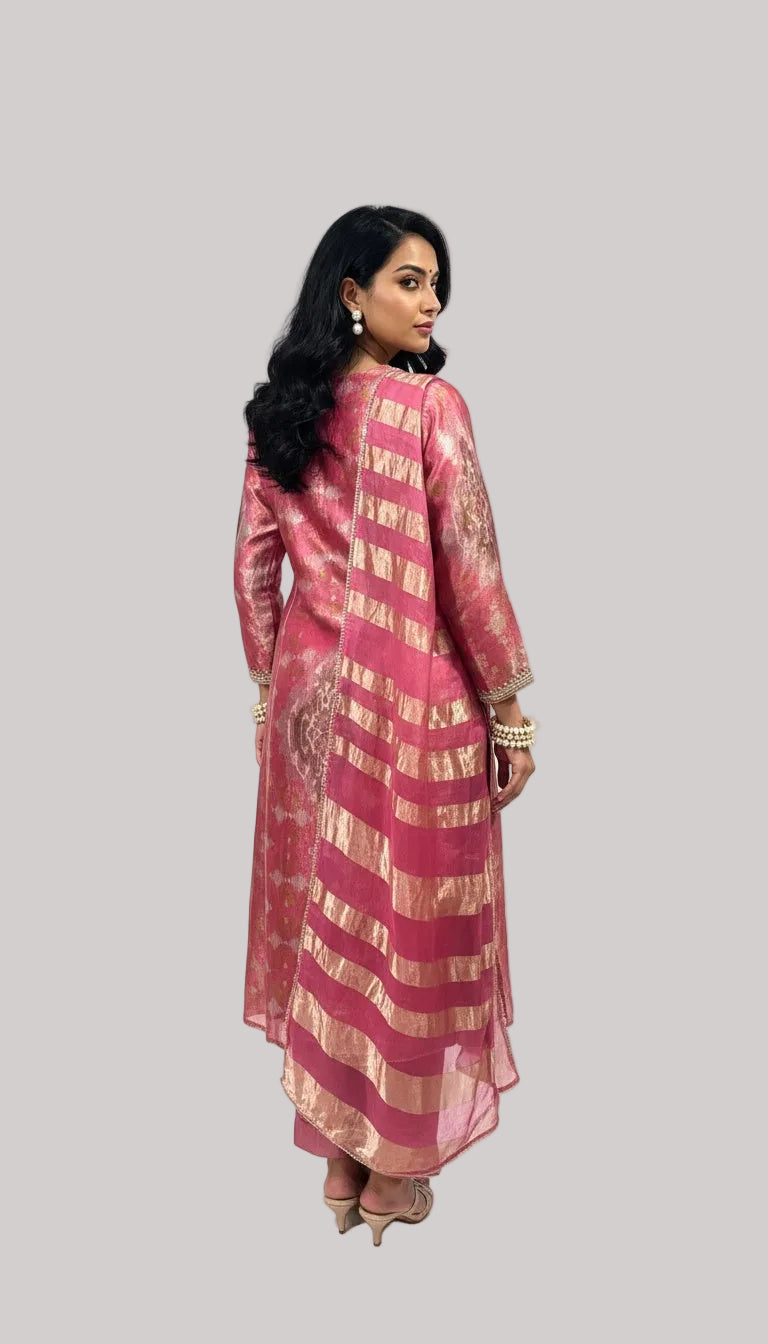 Pink Silk Suit Set with Woven Zari Dupatta