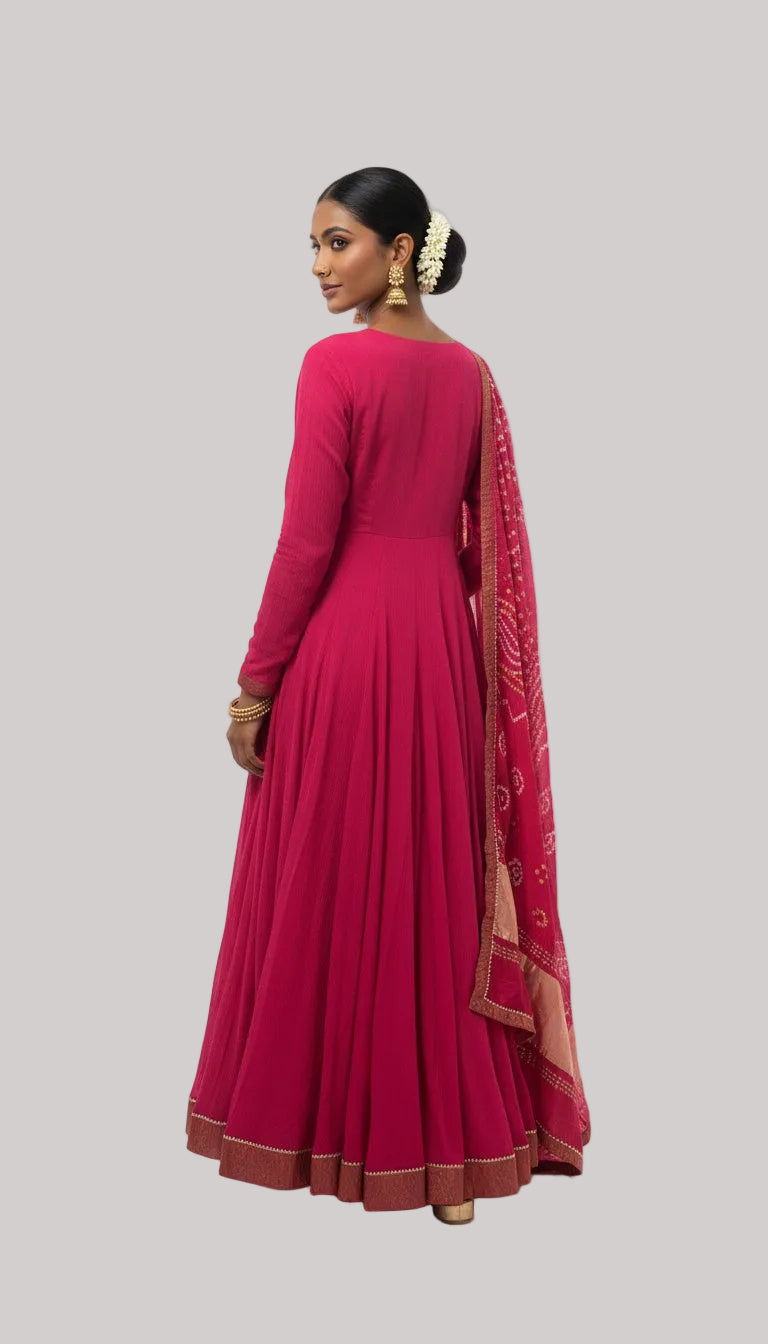 Hot Pink Silk Anarkali Suit Set with Bandhani Dupatta