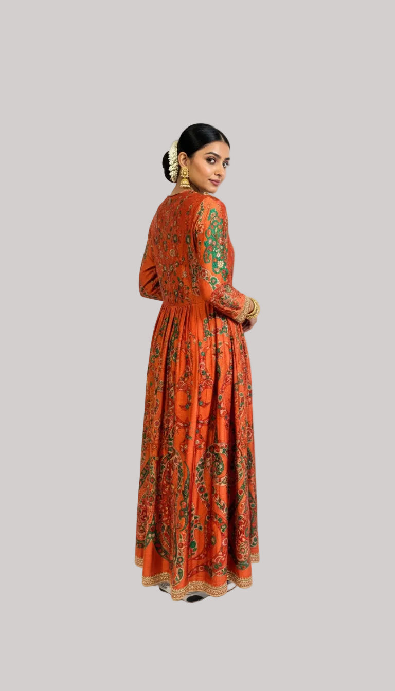 Rust Orange Printed Kurta with Solid Pants