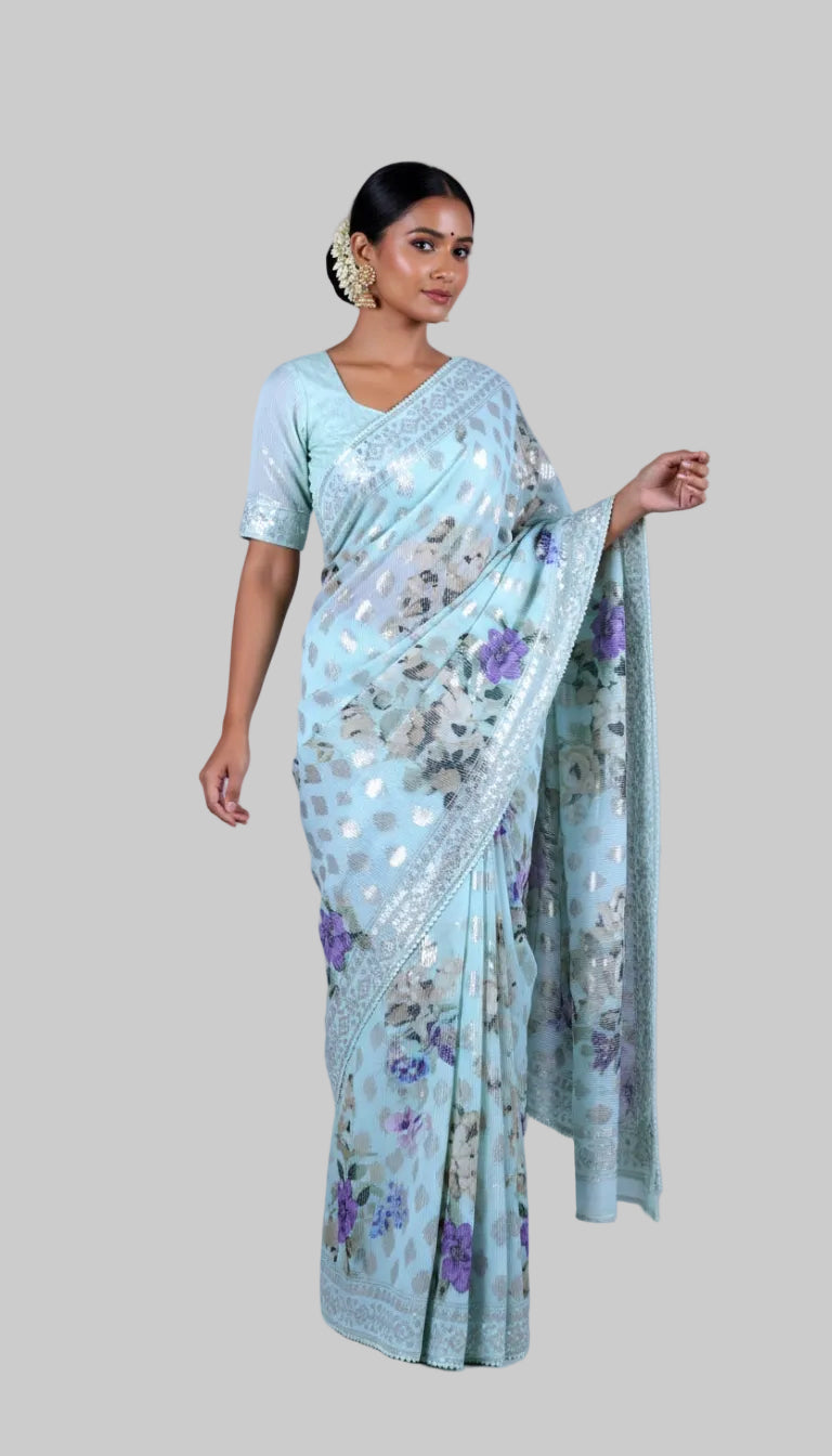 Pista Green Sequinned Georgette Saree
