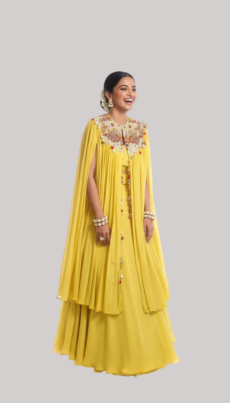 Sunshine Yellow Cape Lehenga Set with Embroidered Yoke