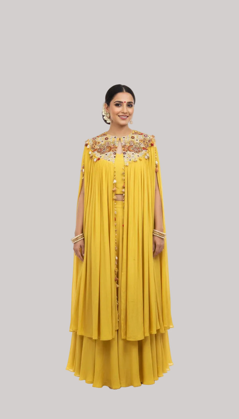 Sunshine Yellow Cape Lehenga Set with Embroidered Yoke
