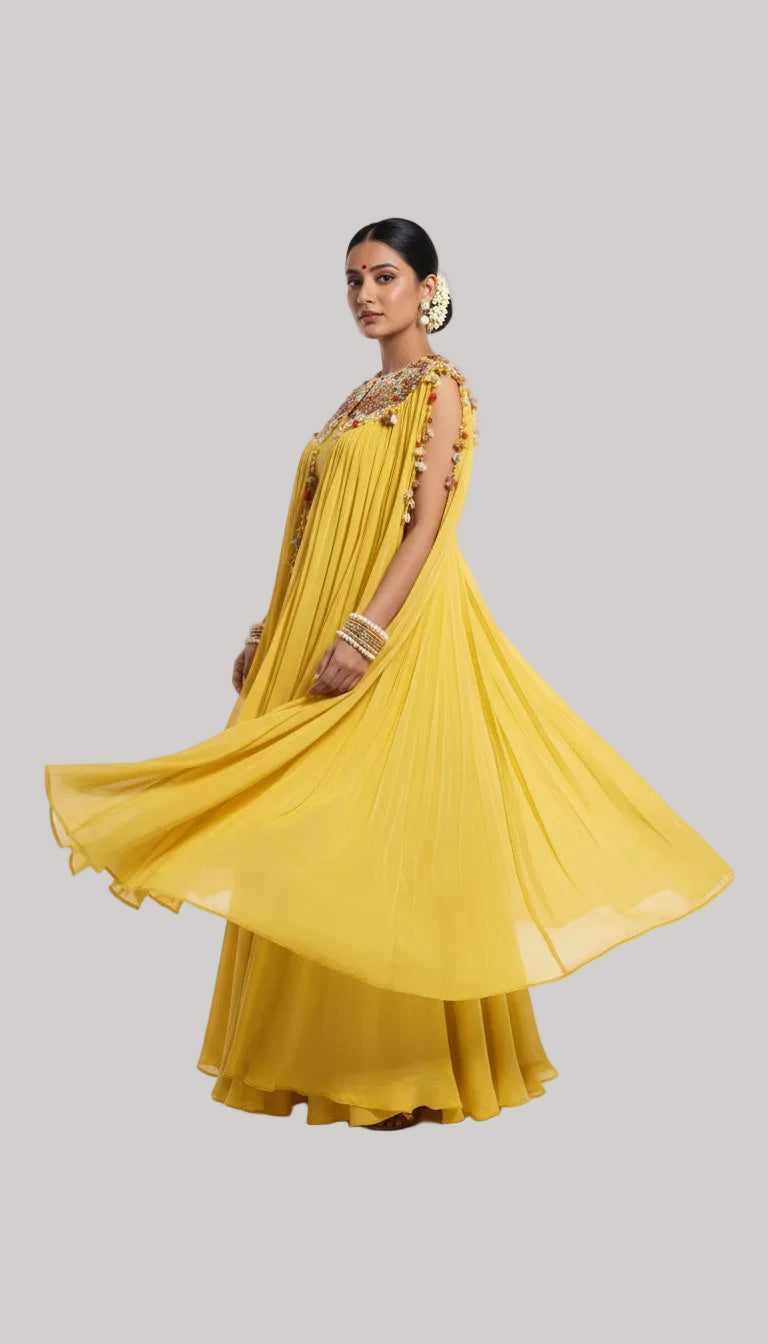 Sunshine Yellow Cape Lehenga Set with Embroidered Yoke
