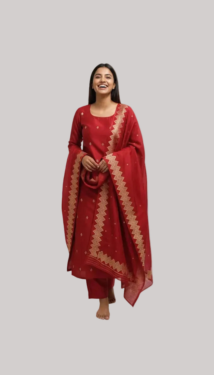Classic Red Silk Suit Set with Gold Zari Chevron Dupatta