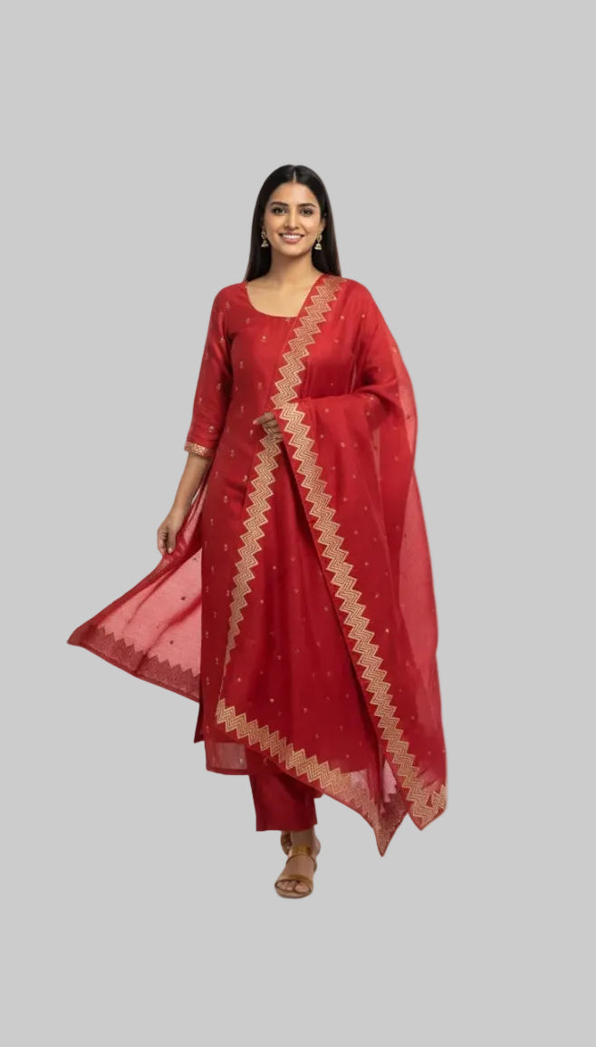 Classic Red Silk Suit Set with Gold Zari Chevron Dupatta
