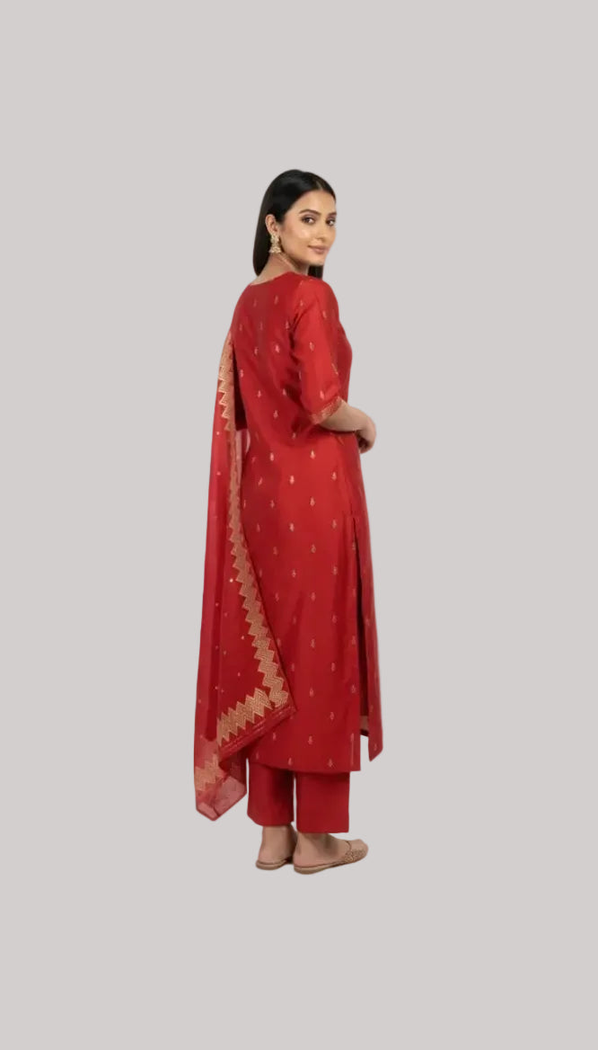 Classic Red Silk Suit Set with Gold Zari Chevron Dupatta