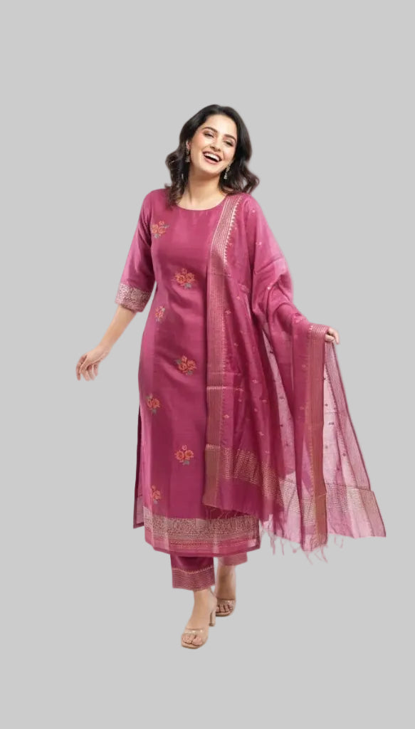 Deep Fuchsia Silk Suit Set with Artisanal Floral Patches