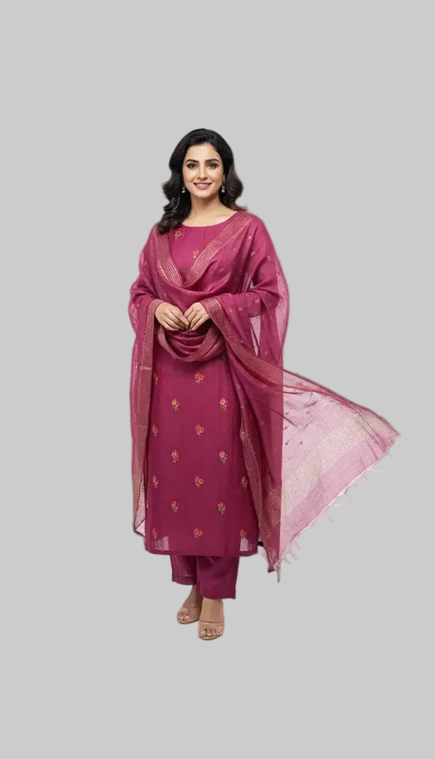 Deep Fuchsia Silk Suit Set with Artisanal Floral Patches