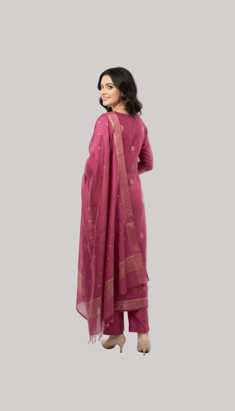 Deep Fuchsia Silk Suit Set with Artisanal Floral Patches