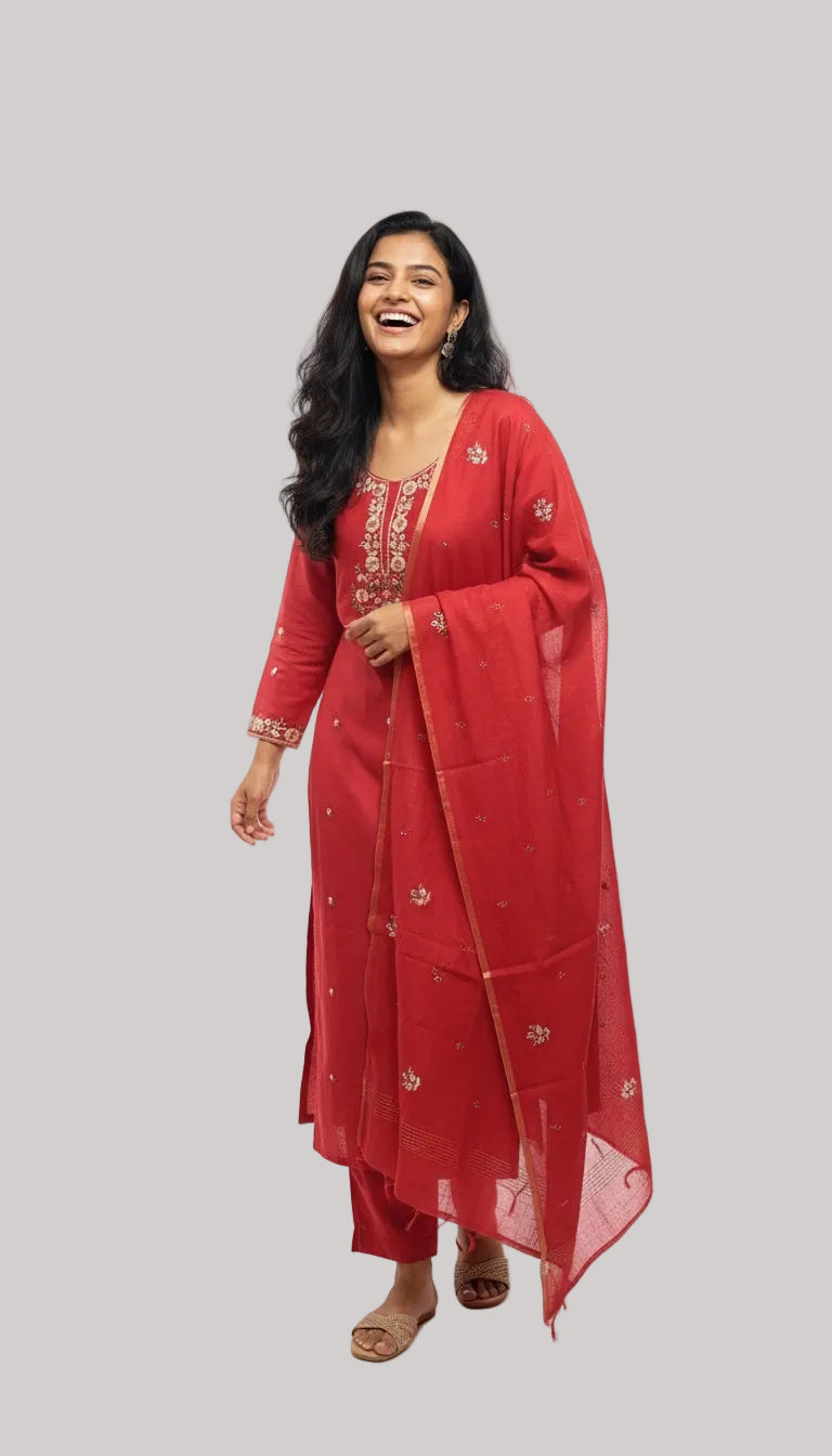 Classic Red Silk Suit Set with Floral Embroidered Yoke