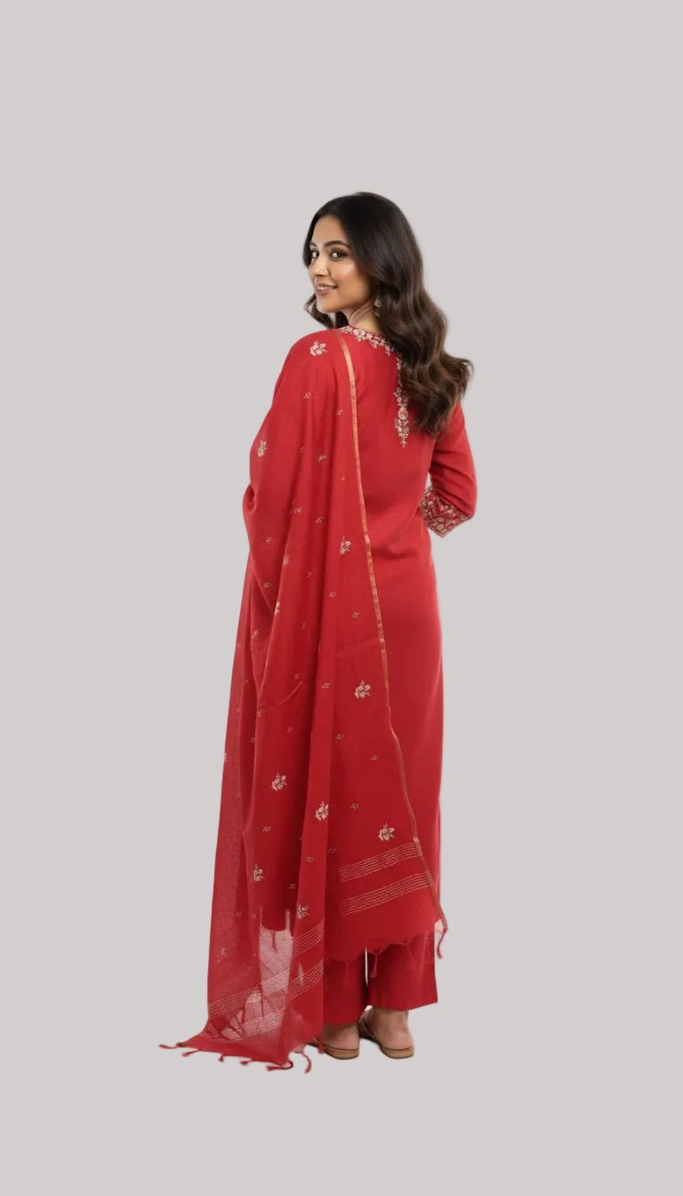 Classic Red Silk Suit Set with Floral Embroidered Yoke