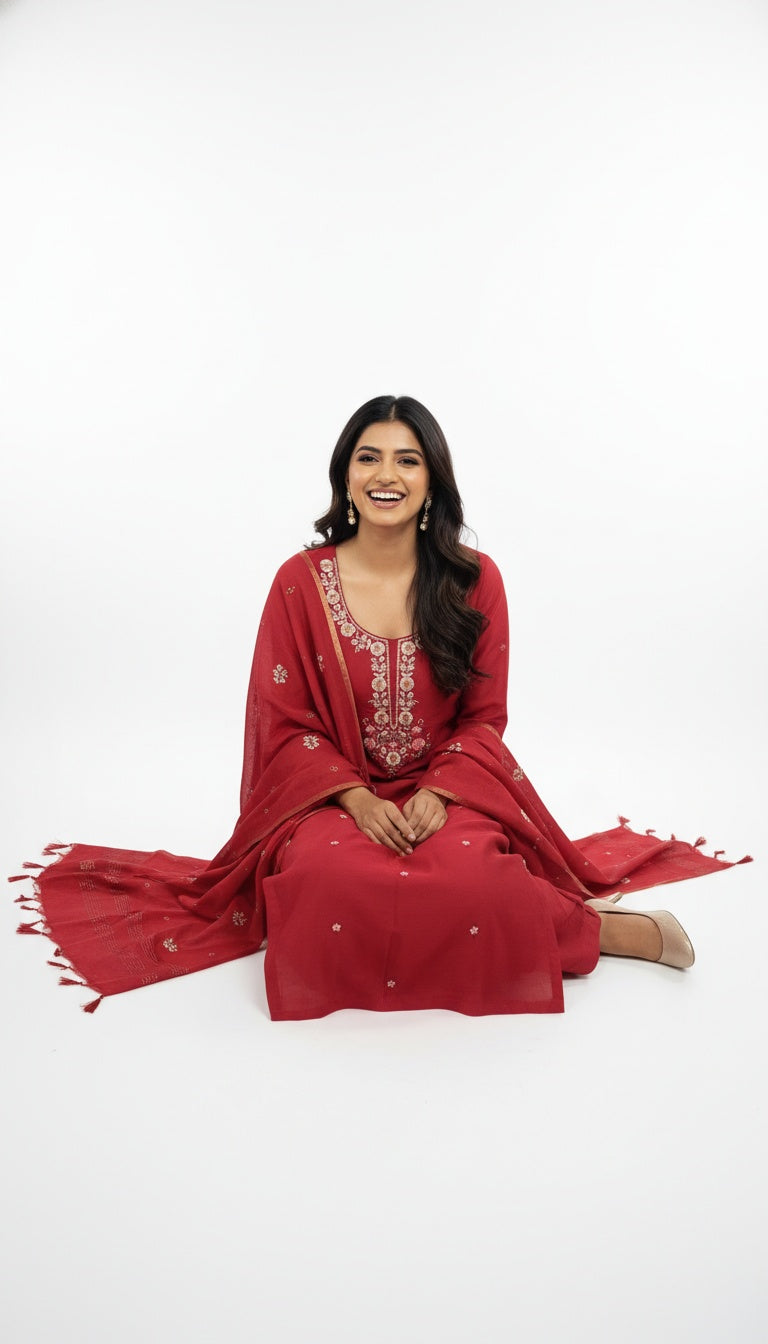 Classic Red Silk Suit Set with Floral Embroidered Yoke