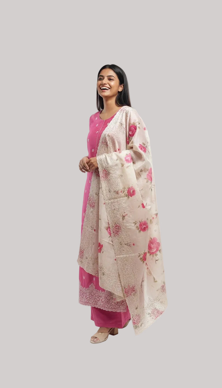 Soft Pink Silk Suit Set with Floral Dupatta