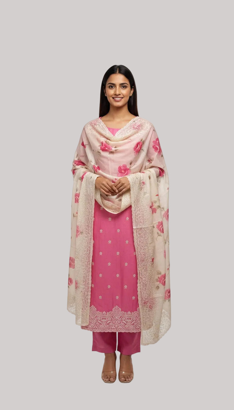 Soft Pink Silk Suit Set with Floral Dupatta