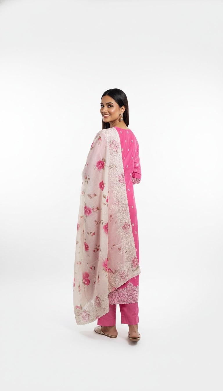 Soft Pink Silk Suit Set with Floral Dupatta