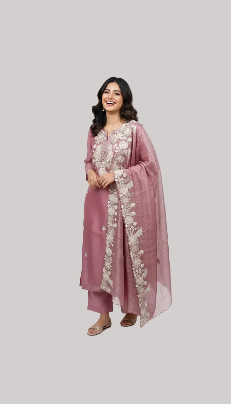 Dusty Rose Silk organza Set with Intricate Ivory Embroidery