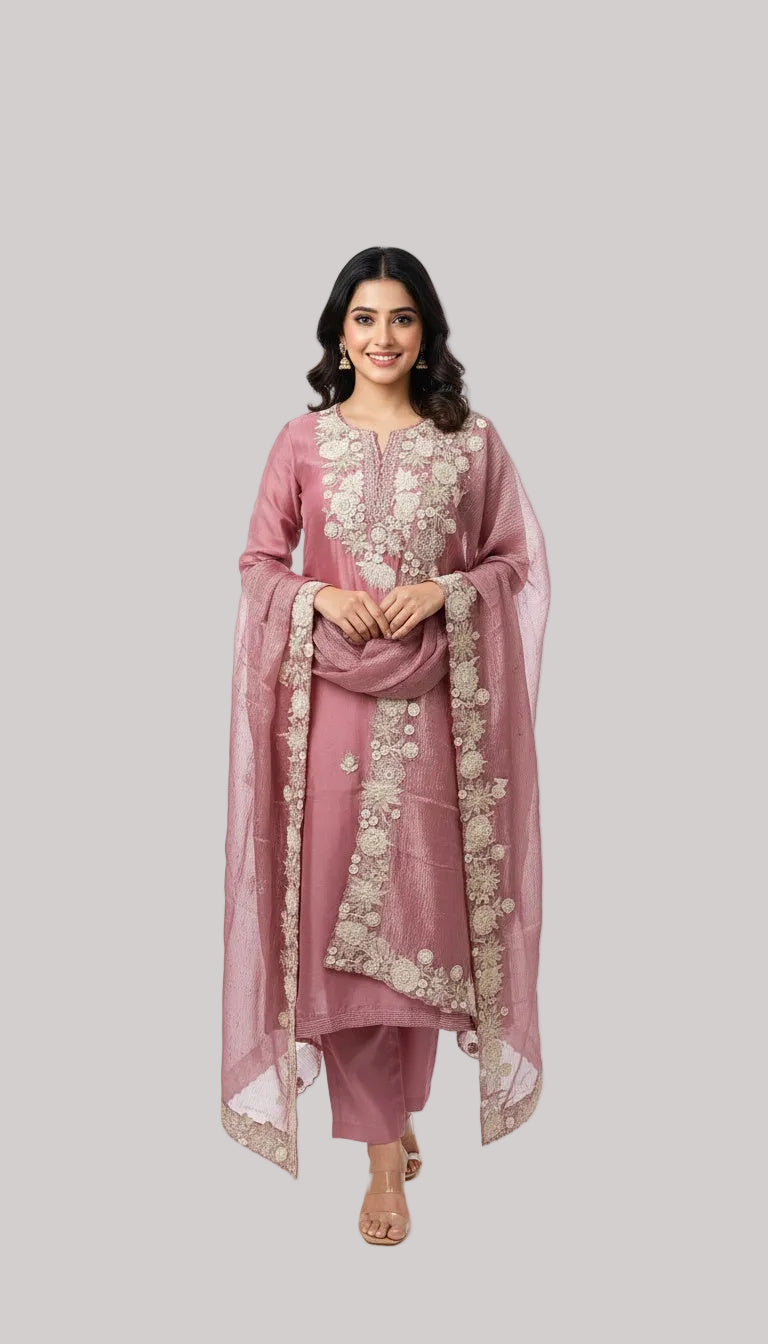 Dusty Rose Silk organza Set with Intricate Ivory Embroidery