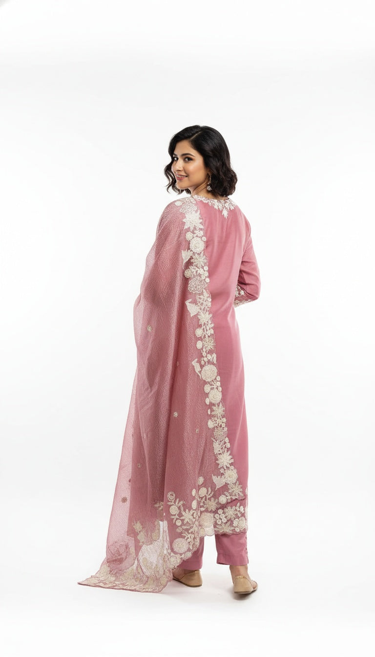 Dusty Rose Silk organza Set with Intricate Ivory Embroidery