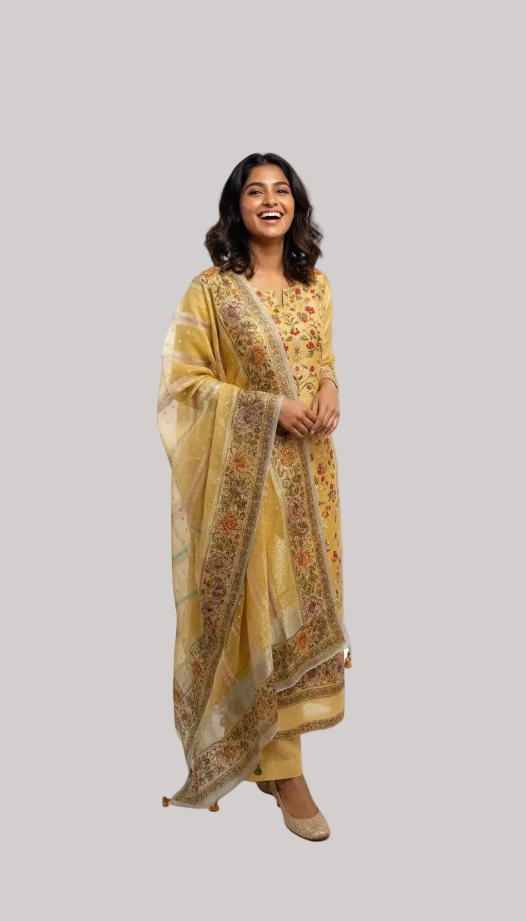 Mustard Yellow Organza Suit Set with Floral Woven Dupatta