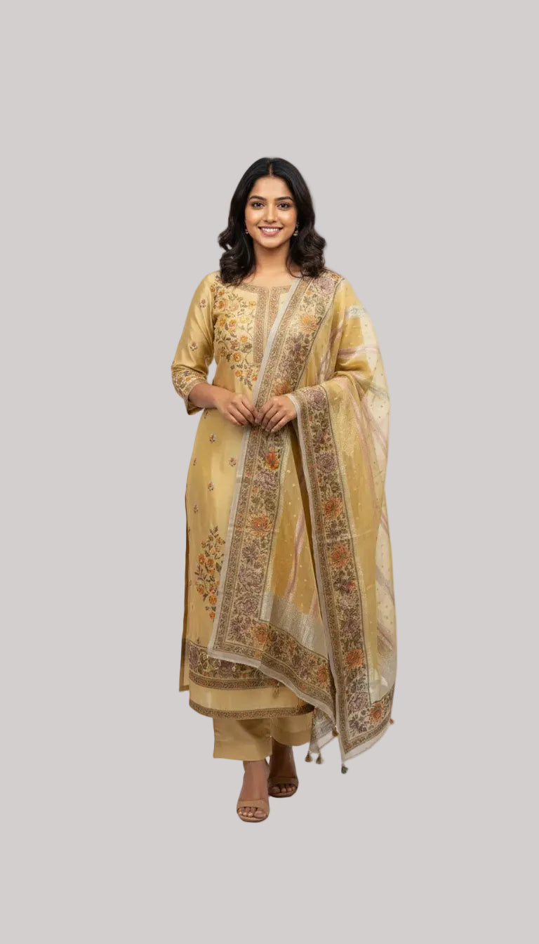 Mustard Yellow Organza Suit Set with Floral Woven Dupatta