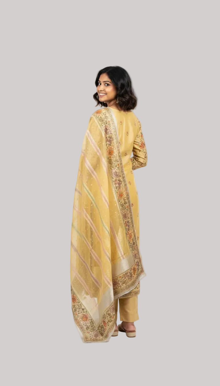 Mustard Yellow Organza Suit Set with Floral Woven Dupatta