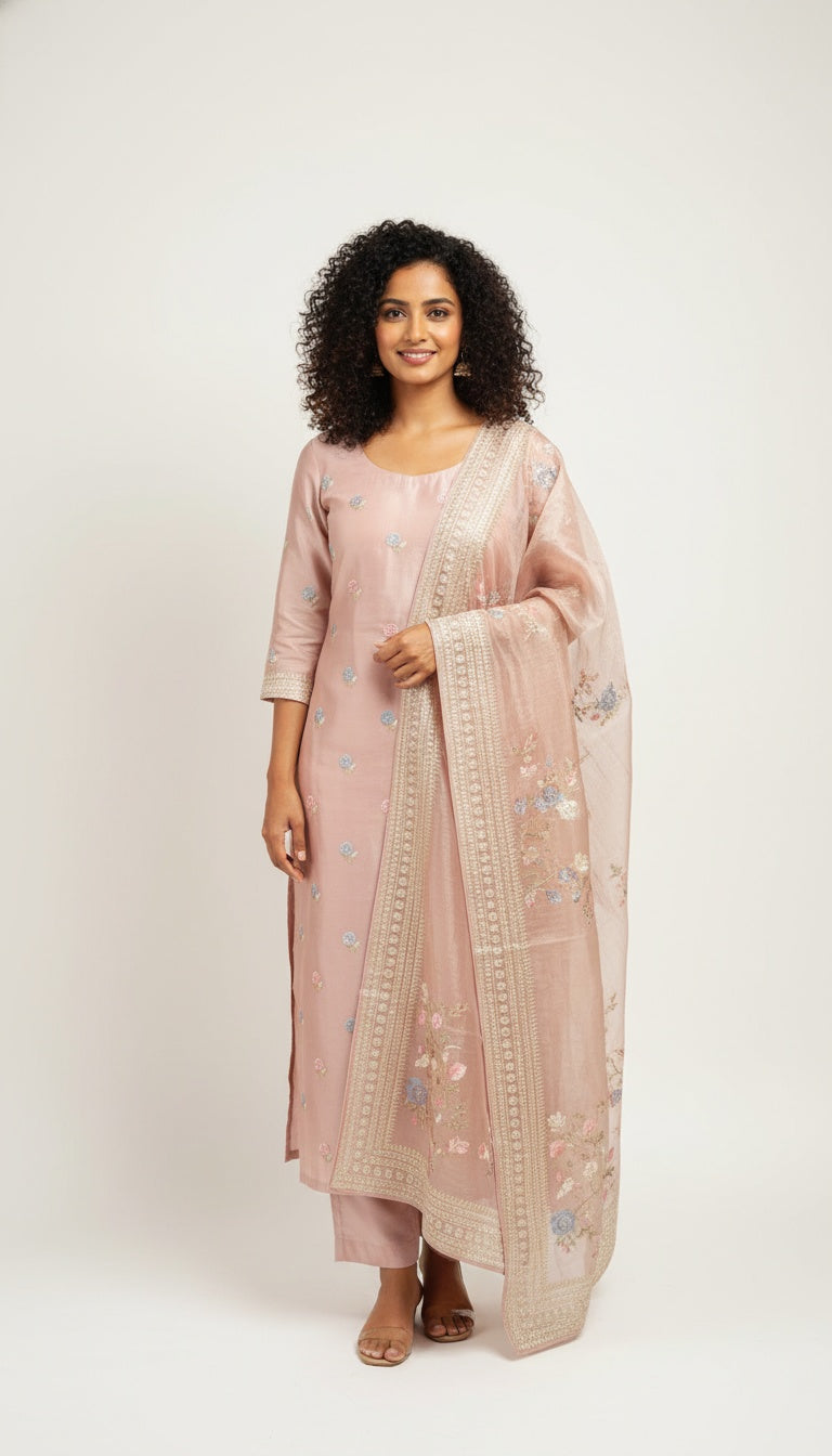 Blush Pink Organza Suit Set with Delicate Embroidery