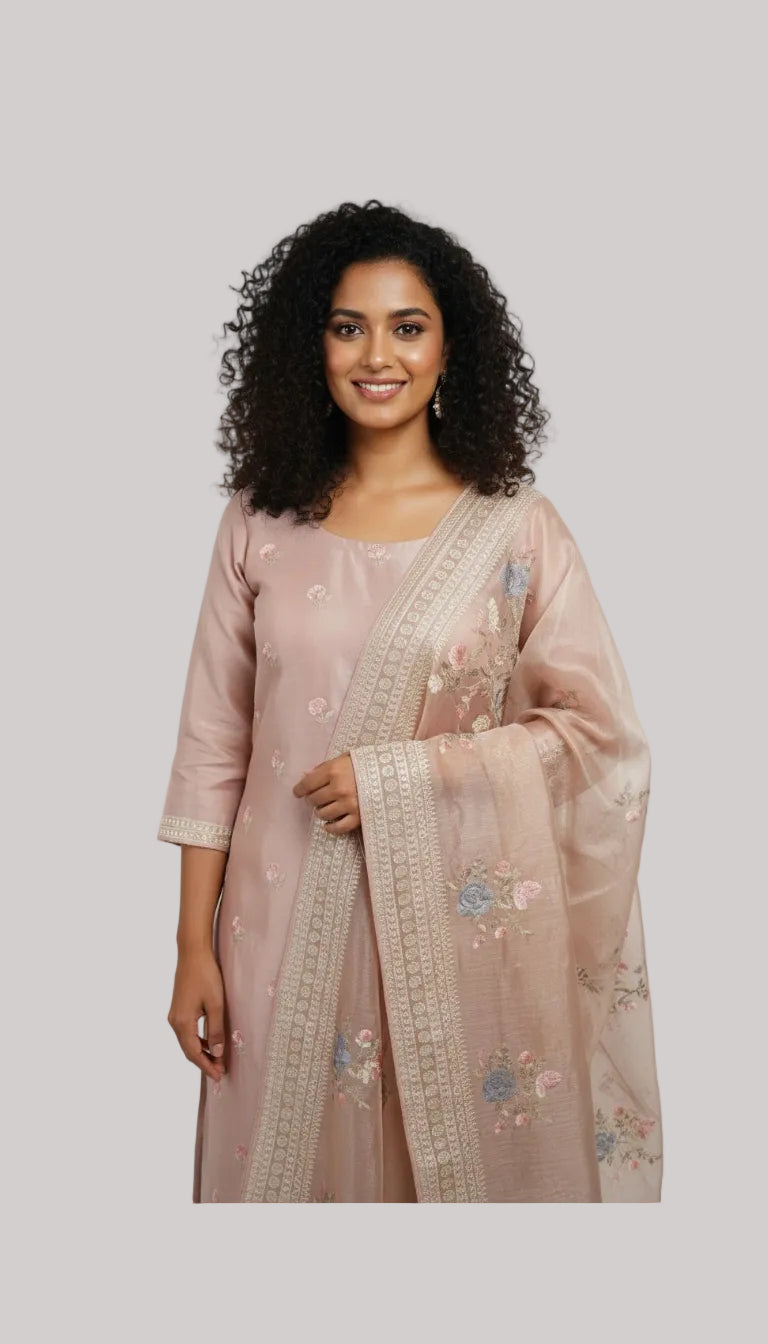 Blush Pink Organza Suit Set with Delicate Embroidery