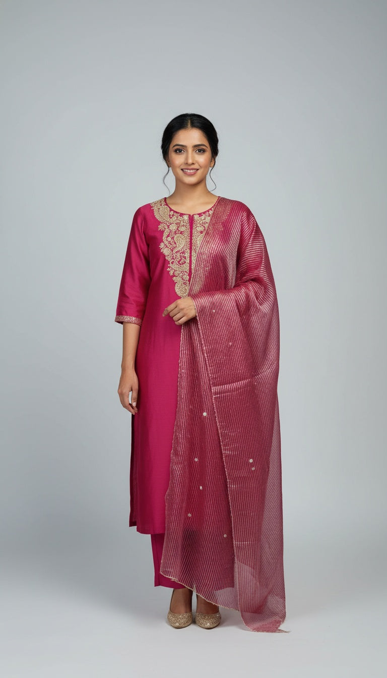 Rani Pink Silk Embroidered Suit Set