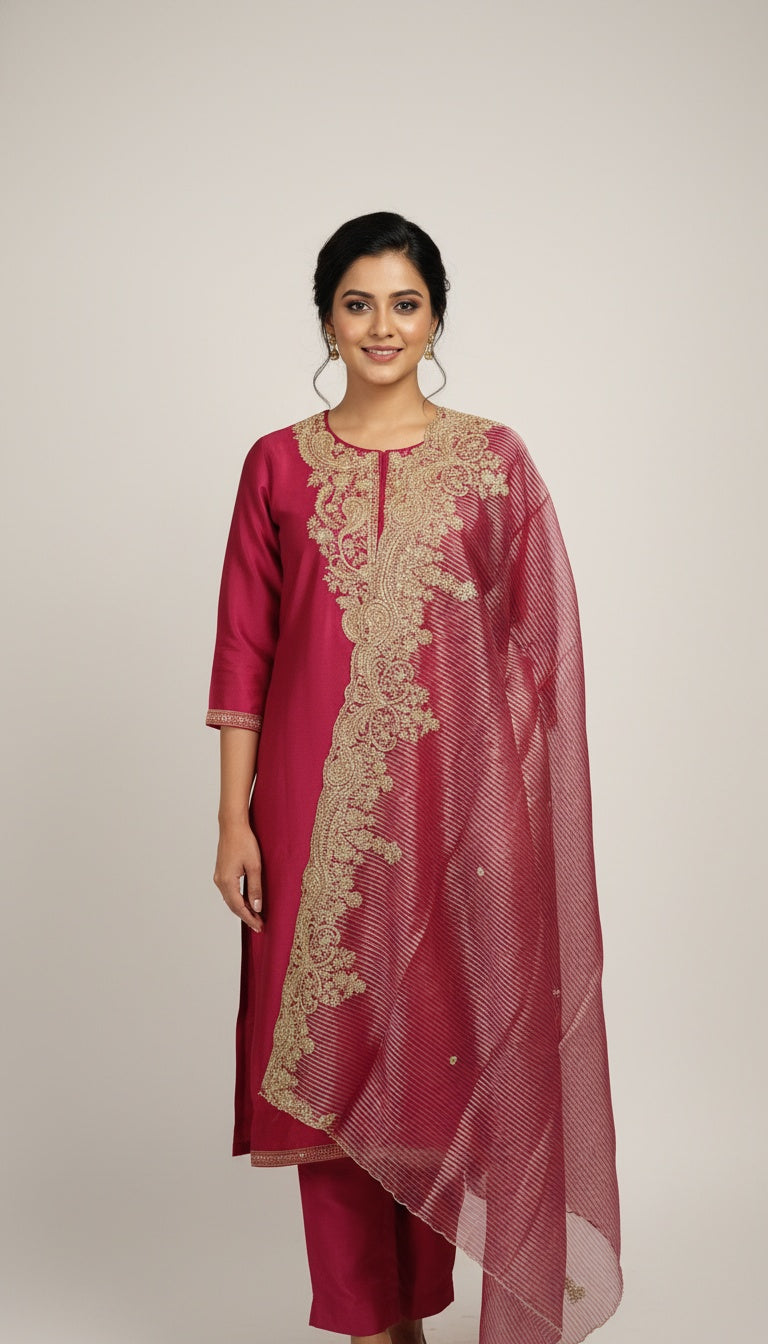 Rani Pink Silk Embroidered Suit Set