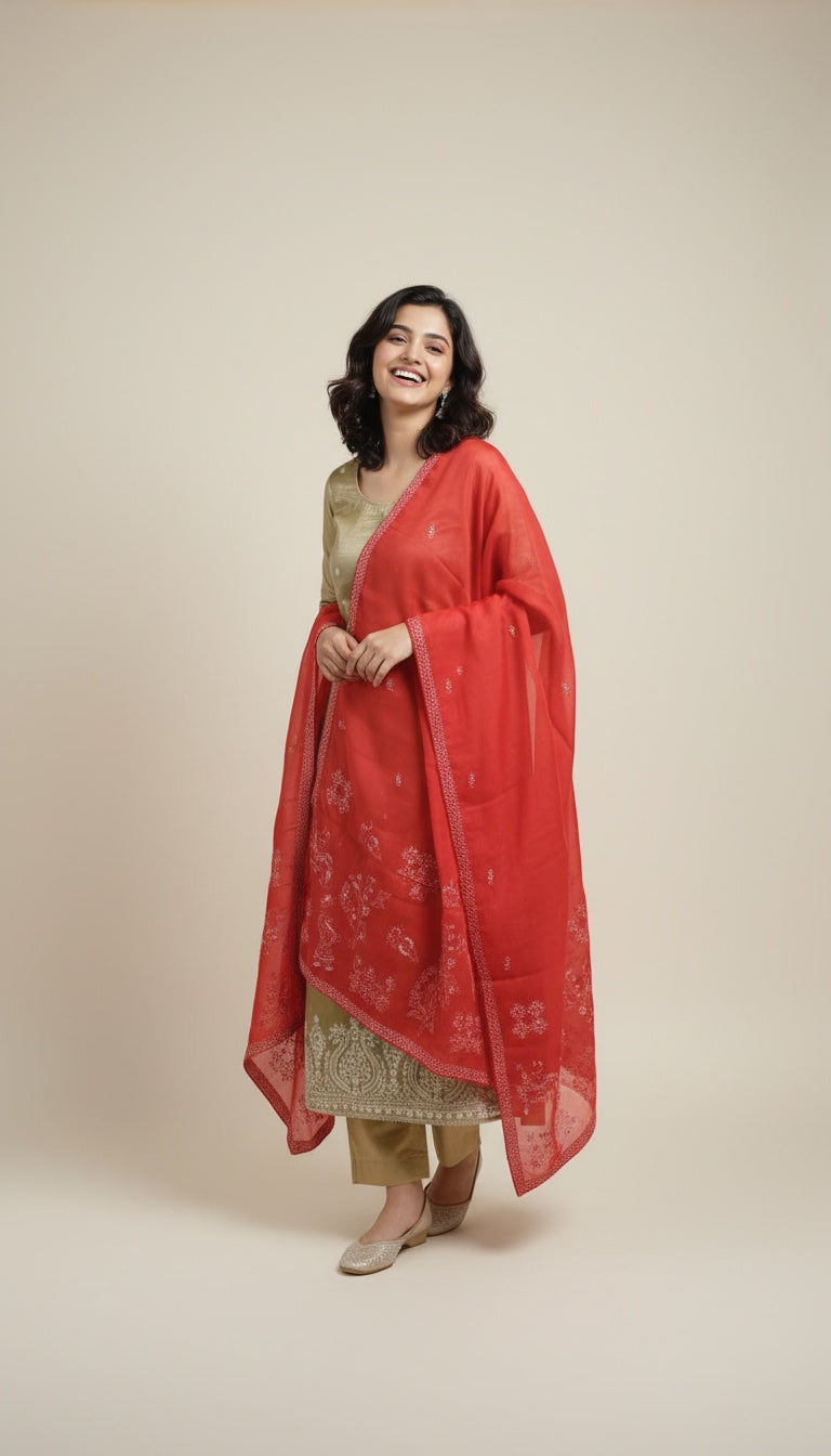 Olive tissue Silk Suit Set with Red Embroidered Dupatta