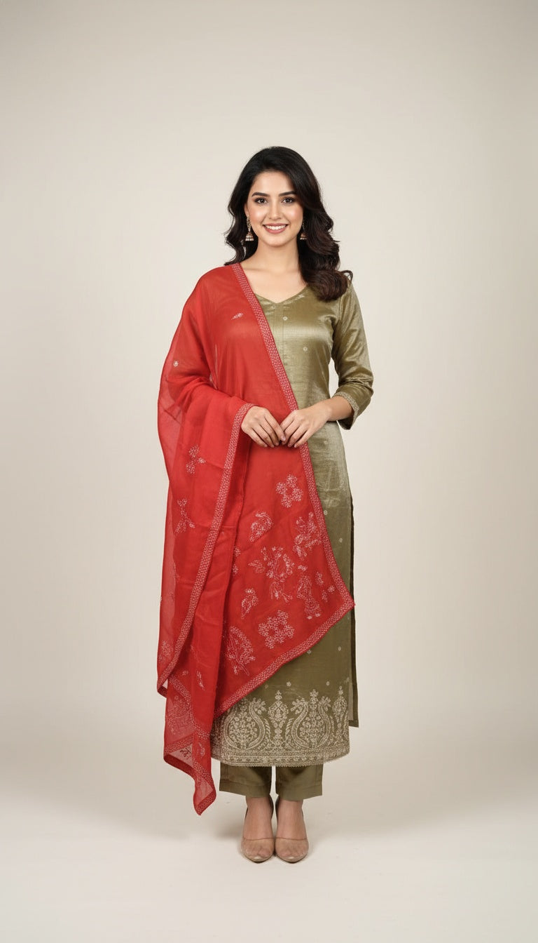 Olive tissue Silk Suit Set with Red Embroidered Dupatta