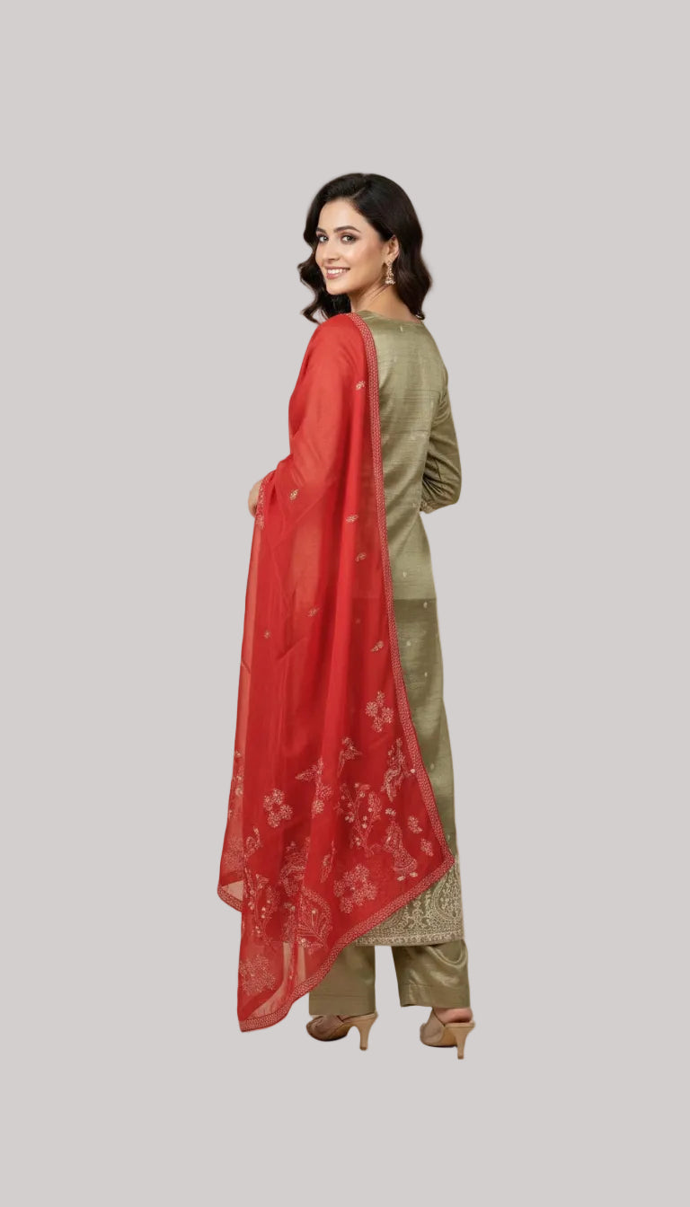 Olive tissue Silk Suit Set with Red Embroidered Dupatta