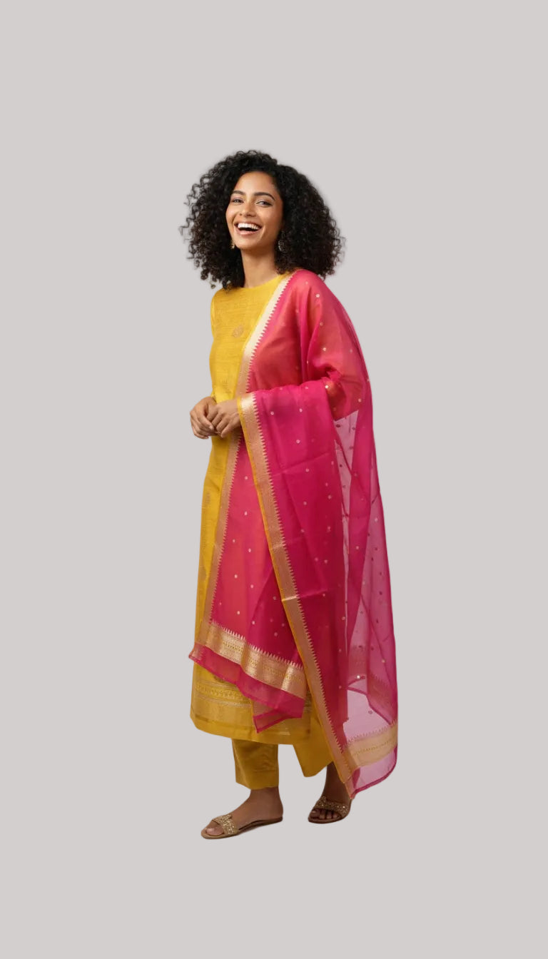 Mustard Yellow Silk Suit Set with Rani Pink Dupatta