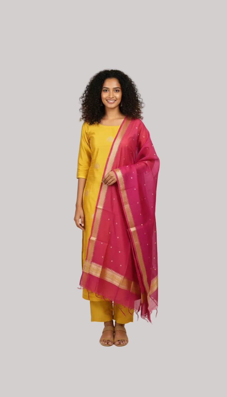 Mustard Yellow Silk Suit Set with Rani Pink Dupatta
