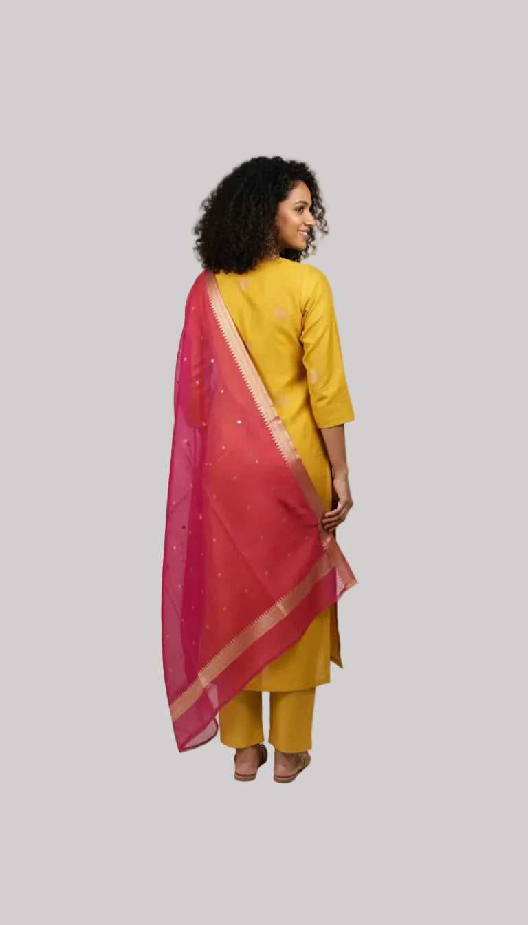 Mustard Yellow Silk Suit Set with Rani Pink Dupatta