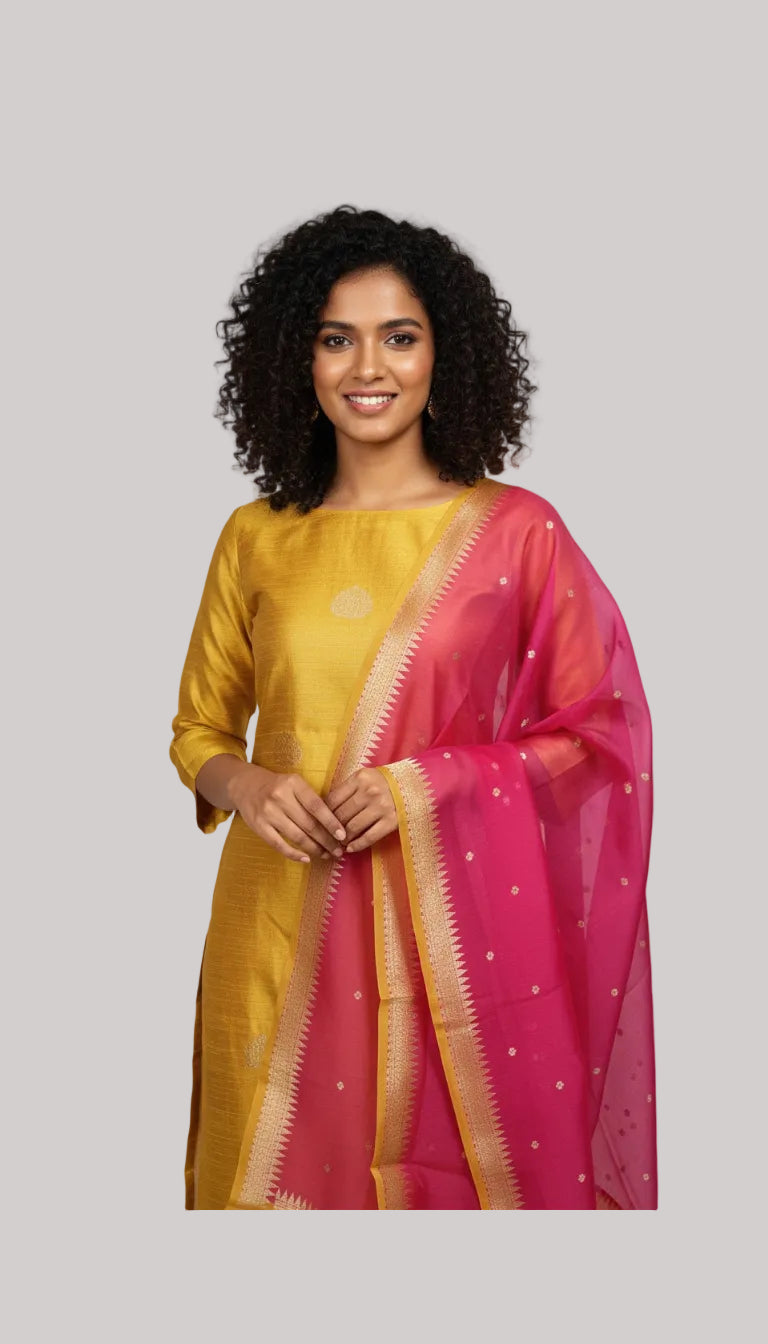 Mustard Yellow Silk Suit Set with Rani Pink Dupatta