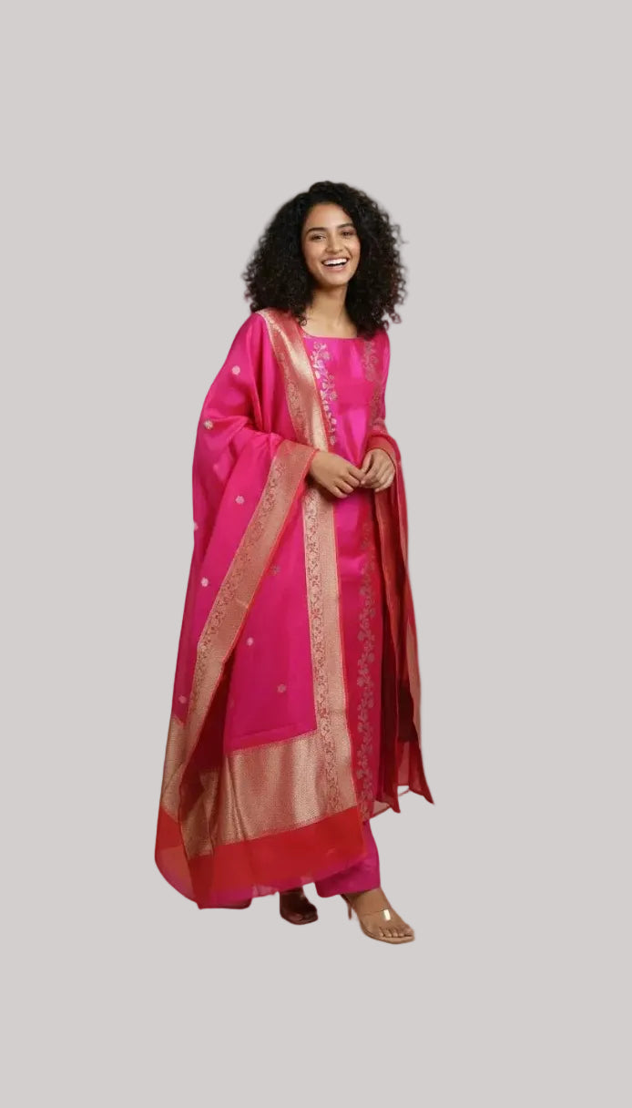 Hot Pink Silk Suit Set with Gold Floral Embroidery