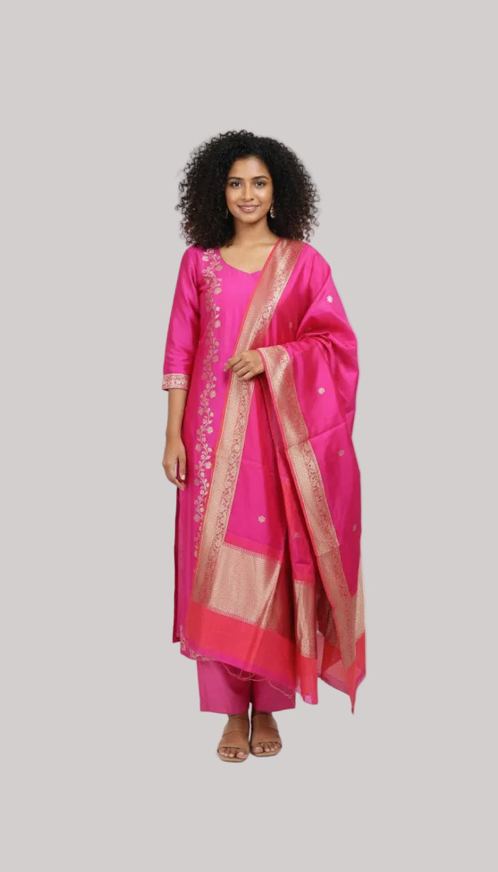 Hot Pink Silk Suit Set with Gold Floral Embroidery
