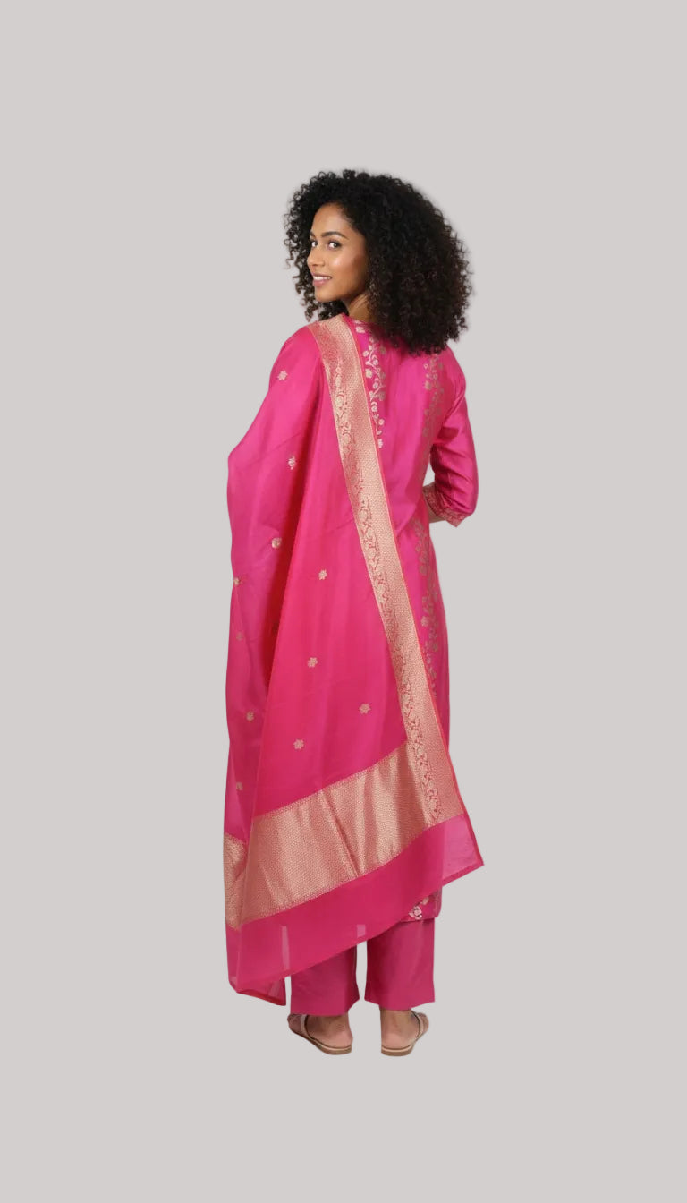 Hot Pink Silk Suit Set with Gold Floral Embroidery